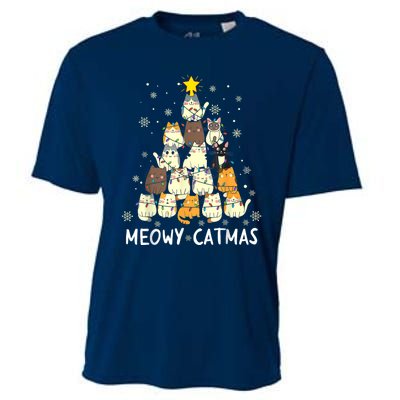 Meowy Catmas Cat Christmas Tree Xmas Cooling Performance Crew T-Shirt