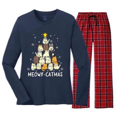 Meowy Catmas Cat Christmas Tree Xmas Women's Long Sleeve Flannel Pajama Set 