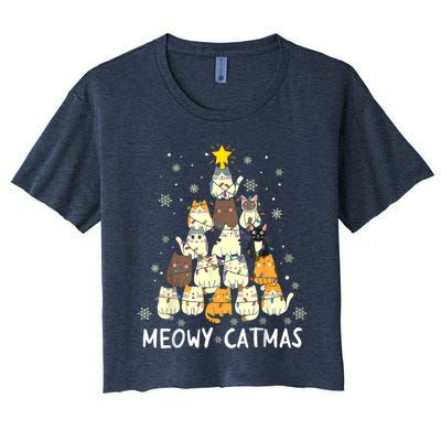 Meowy Catmas Cat Christmas Tree Xmas Women's Crop Top Tee