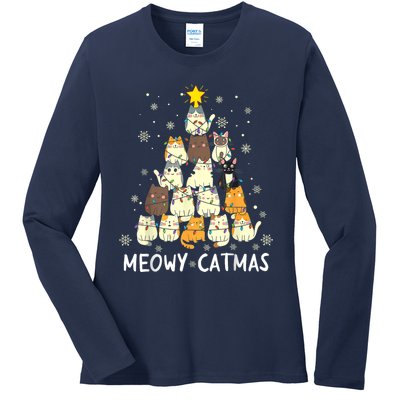 Meowy Catmas Cat Christmas Tree Xmas Ladies Long Sleeve Shirt