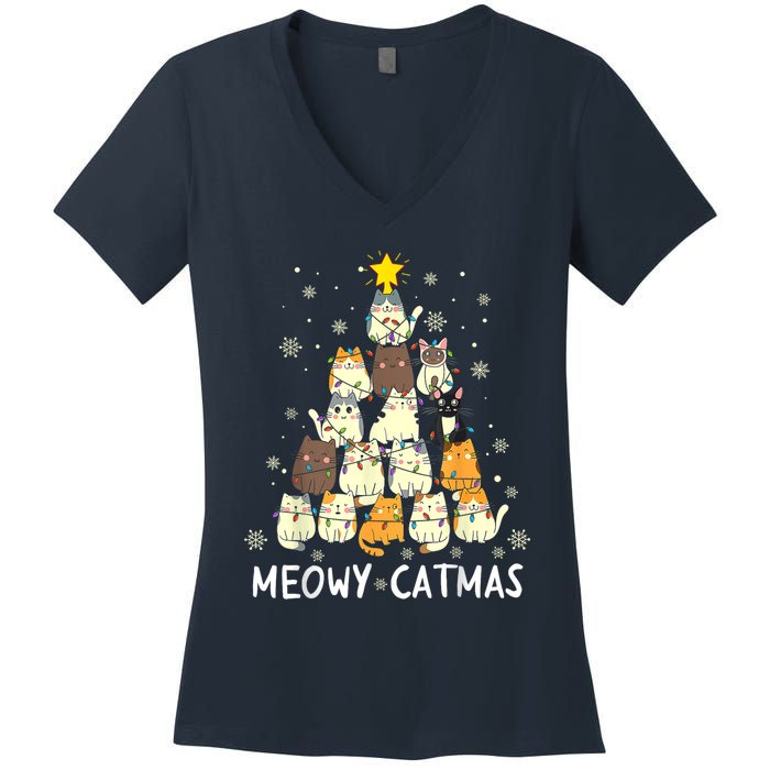 Meowy Catmas Cat Christmas Tree Xmas Women's V-Neck T-Shirt