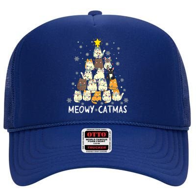 Meowy Catmas Cat Christmas Tree Xmas High Crown Mesh Back Trucker Hat