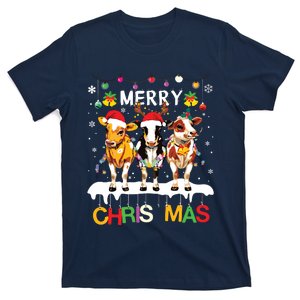 Merry Christmas Cow Farmer Santa Hat Xmas Lights T-Shirt