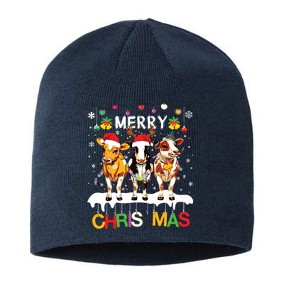 Merry Christmas Cow Farmer Santa Hat Xmas Lights Sustainable Beanie