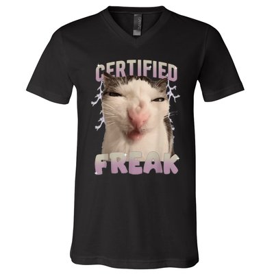 Meme Cat Certified Freak Eat Cement Cursed Cat Funny V-Neck T-Shirt