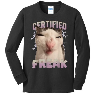 Meme Cat Certified Freak Eat Cement Cursed Cat Funny Kids Long Sleeve Shirt