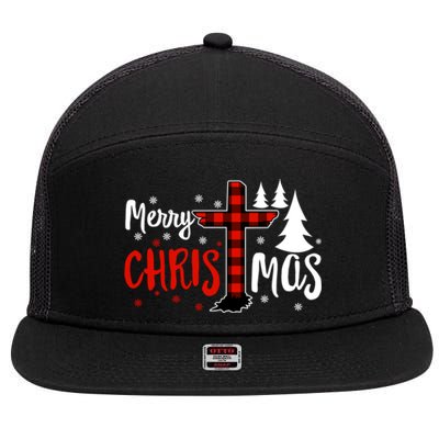 Merry Christmas Christians Buffalo Plaid Meaningful Gift 7 Panel Mesh Trucker Snapback Hat