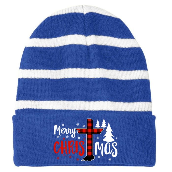 Merry Christmas Christians Buffalo Plaid Meaningful Gift Striped Beanie with Solid Band