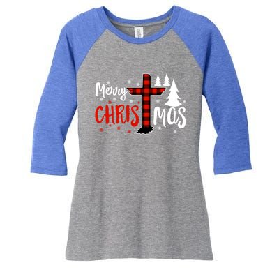 Merry Christmas Christians Buffalo Plaid Meaningful Gift Women's Tri-Blend 3/4-Sleeve Raglan Shirt