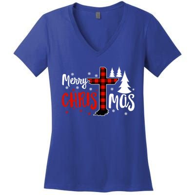 Merry Christmas Christians Buffalo Plaid Meaningful Gift Women's V-Neck T-Shirt