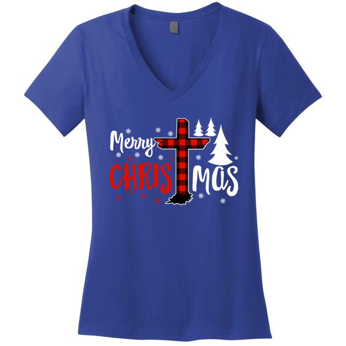 Merry Christmas Christians Buffalo Plaid Meaningful Gift Women's V-Neck T-Shirt