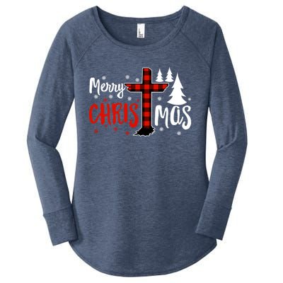 Merry Christmas Christians Buffalo Plaid Meaningful Gift Women's Perfect Tri Tunic Long Sleeve Shirt