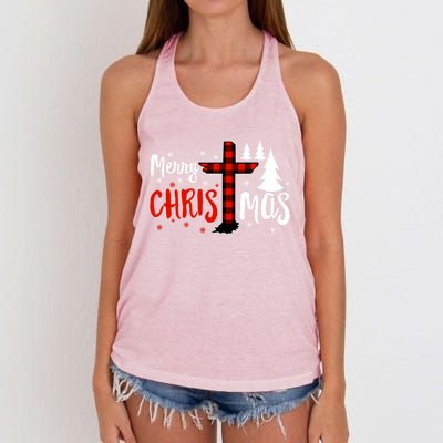 Merry Christmas Christians Buffalo Plaid Meaningful Gift Women's Knotted Racerback Tank