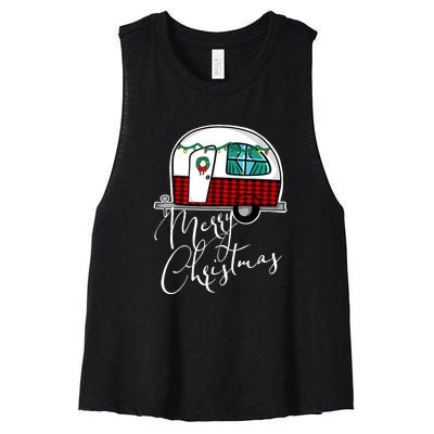 Merry Christmas Camper RV Camping XMas Gift Women's Racerback Cropped Tank