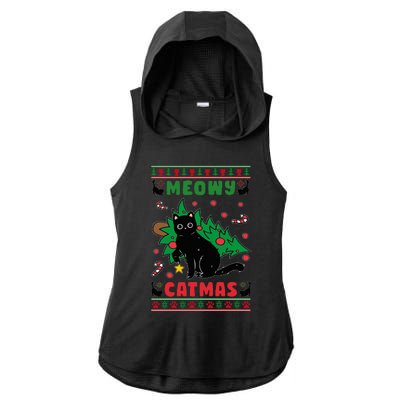 Meowy Catmas Cute Kawaii Cat Christmas Tree Ugly Sweater Ladies PosiCharge Tri-Blend Wicking Draft Hoodie Tank