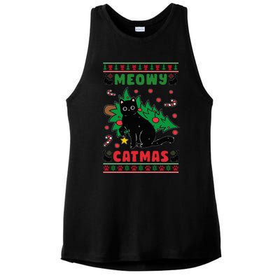 Meowy Catmas Cute Kawaii Cat Christmas Tree Ugly Sweater Ladies PosiCharge Tri-Blend Wicking Tank