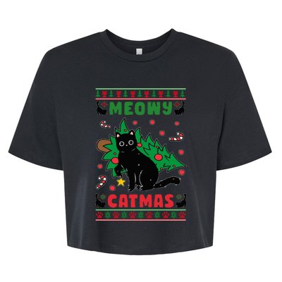 Meowy Catmas Cute Kawaii Cat Christmas Tree Ugly Sweater Bella+Canvas Jersey Crop Tee