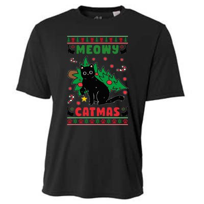 Meowy Catmas Cute Kawaii Cat Christmas Tree Ugly Sweater Cooling Performance Crew T-Shirt