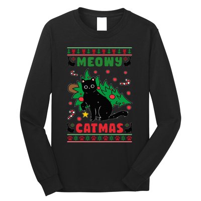 Meowy Catmas Cute Kawaii Cat Christmas Tree Ugly Sweater Long Sleeve Shirt