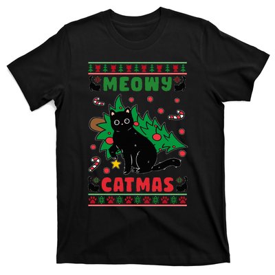 Meowy Catmas Cute Kawaii Cat Christmas Tree Ugly Sweater T-Shirt