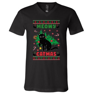 Meowy Catmas Cute Kawaii Cat Christmas Tree Ugly Sweater V-Neck T-Shirt