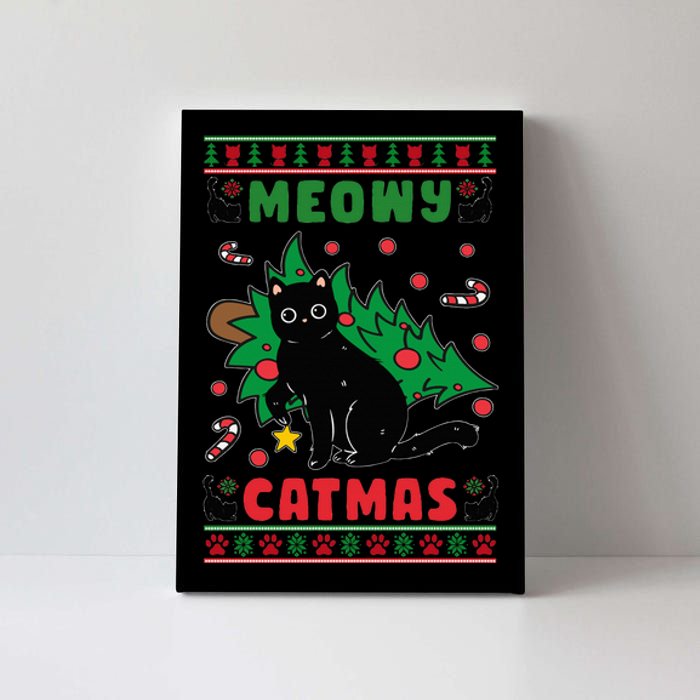 Meowy Catmas Cute Kawaii Cat Christmas Tree Ugly Sweater Canvas