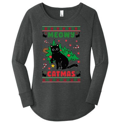 Meowy Catmas Cute Kawaii Cat Christmas Tree Ugly Sweater Women's Perfect Tri Tunic Long Sleeve Shirt