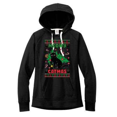 Meowy Catmas Cute Kawaii Cat Christmas Tree Ugly Sweater Women's Fleece Hoodie