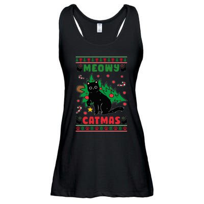 Meowy Catmas Cute Kawaii Cat Christmas Tree Ugly Sweater Ladies Essential Flowy Tank