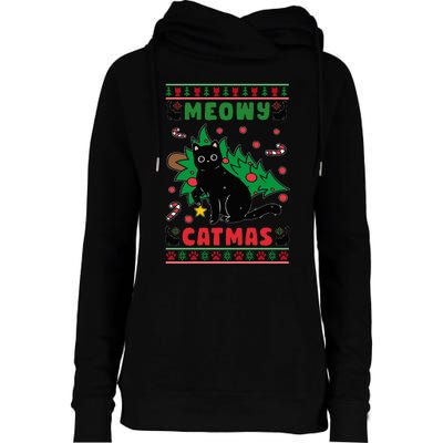 Meowy Catmas Cute Kawaii Cat Christmas Tree Ugly Sweater Womens Funnel Neck Pullover Hood