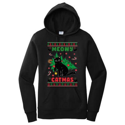 Meowy Catmas Cute Kawaii Cat Christmas Tree Ugly Sweater Women's Pullover Hoodie