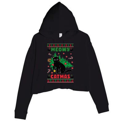 Meowy Catmas Cute Kawaii Cat Christmas Tree Ugly Sweater Crop Fleece Hoodie