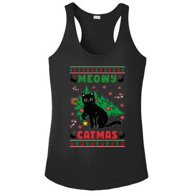 Meowy Catmas Cute Kawaii Cat Christmas Tree Ugly Sweater Ladies PosiCharge Competitor Racerback Tank