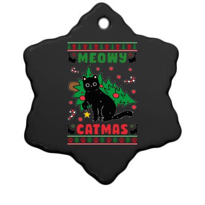 Meowy Catmas Cute Kawaii Cat Christmas Tree Ugly Sweater Ceramic Star Ornament