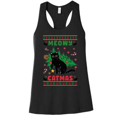 Meowy Catmas Cute Kawaii Cat Christmas Tree Ugly Sweater Women's Racerback Tank