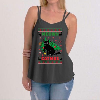 Meowy Catmas Cute Kawaii Cat Christmas Tree Ugly Sweater Women's Strappy Tank