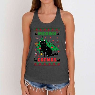 Meowy Catmas Cute Kawaii Cat Christmas Tree Ugly Sweater Women's Knotted Racerback Tank