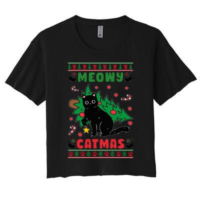 Meowy Catmas Cute Kawaii Cat Christmas Tree Ugly Sweater Women's Crop Top Tee