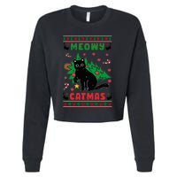 Meowy Catmas Cute Kawaii Cat Christmas Tree Ugly Sweater Cropped Pullover Crew