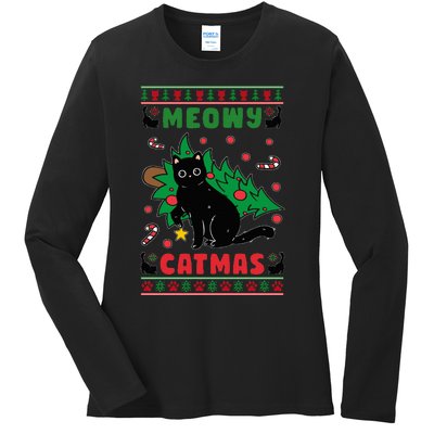 Meowy Catmas Cute Kawaii Cat Christmas Tree Ugly Sweater Ladies Long Sleeve Shirt