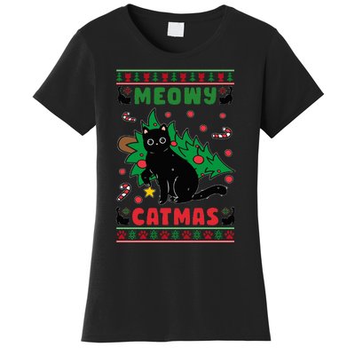 Meowy Catmas Cute Kawaii Cat Christmas Tree Ugly Sweater Women's T-Shirt