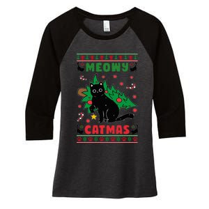 Meowy Catmas Cute Kawaii Cat Christmas Tree Ugly Sweater Women's Tri-Blend 3/4-Sleeve Raglan Shirt