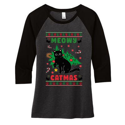 Meowy Catmas Cute Kawaii Cat Christmas Tree Ugly Sweater Women's Tri-Blend 3/4-Sleeve Raglan Shirt