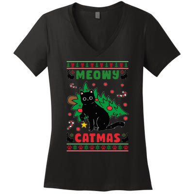 Meowy Catmas Cute Kawaii Cat Christmas Tree Ugly Sweater Women's V-Neck T-Shirt