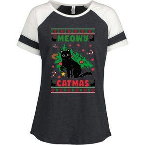 Meowy Catmas Cute Kawaii Cat Christmas Tree Ugly Sweater Enza Ladies Jersey Colorblock Tee