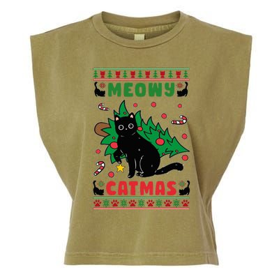 Meowy Catmas Cute Kawaii Cat Christmas Tree Ugly Sweater Garment-Dyed Women's Muscle Tee