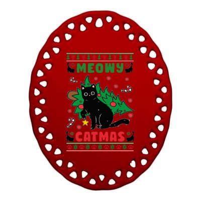 Meowy Catmas Cute Kawaii Cat Christmas Tree Ugly Sweater Ceramic Oval Ornament