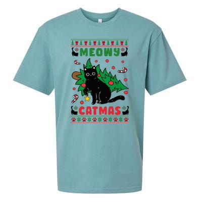 Meowy Catmas Cute Kawaii Cat Christmas Tree Ugly Sweater Sueded Cloud Jersey T-Shirt