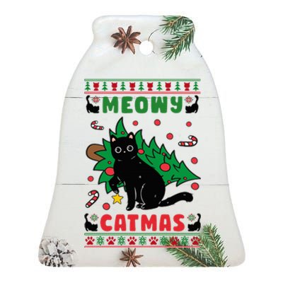 Meowy Catmas Cute Kawaii Cat Christmas Tree Ugly Sweater Ceramic Bell Ornament