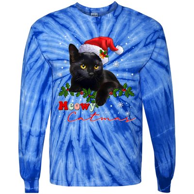 Merry Christmas Cat Santa Xmas Meowy Catmas Cute Black Cat Tie-Dye Long Sleeve Shirt